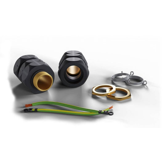 Wiska ShieldGland M20 Pack Pro IP68 c/w Brass Locknut, Spring Clip & Earth Tag Clamping Range 7-16mm (2 Per Pack)