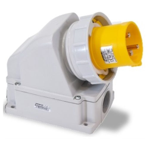 Famatel 63A 2P+E 4h 110V Angled Surface Appliance Inlet IP67 Yellow