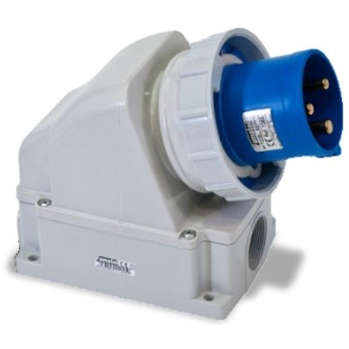 Famatel 63A 2P+E 6h 240V Angled Surface Appliance Inlet IP67 Blue