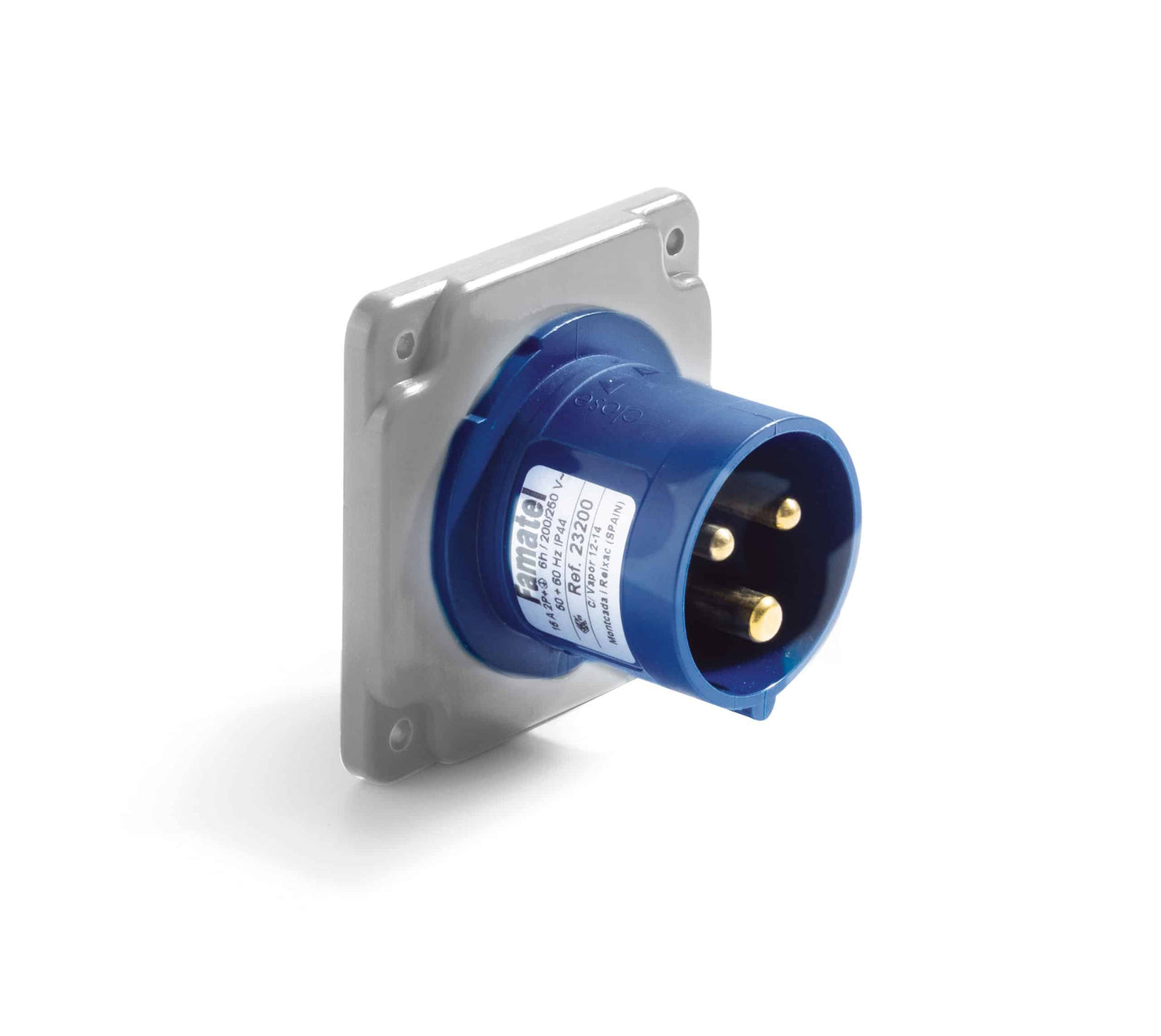 Famatel 16A 2P+E 6h 240V Straight Panel Appliance Inlet IP44 Blue