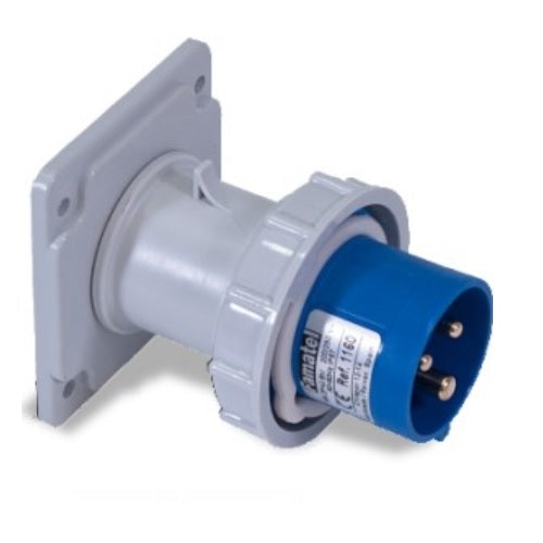 Famatel 16A 2P+E 6h 240V Straight Panel Appliance Inlet IP67 Blue