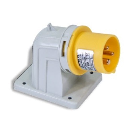 Famatel 16A 2P+E 4h 110V Angled Surface Appliance Inlet IP44 Yellow