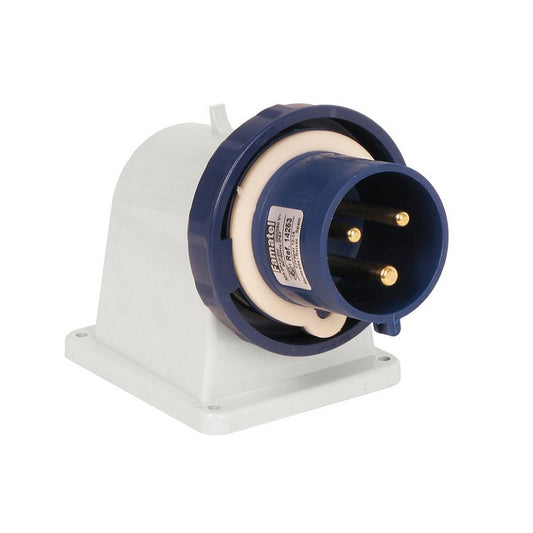 Famatel 32A 2P+E 6h 240V Angled Surface Appliance Inlet IP67 Blue