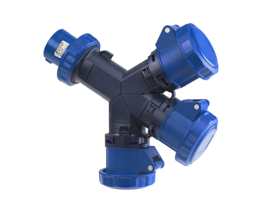 Famatel 32A 2P+E 6h 240V 3 Way Splitter IP67 Blue