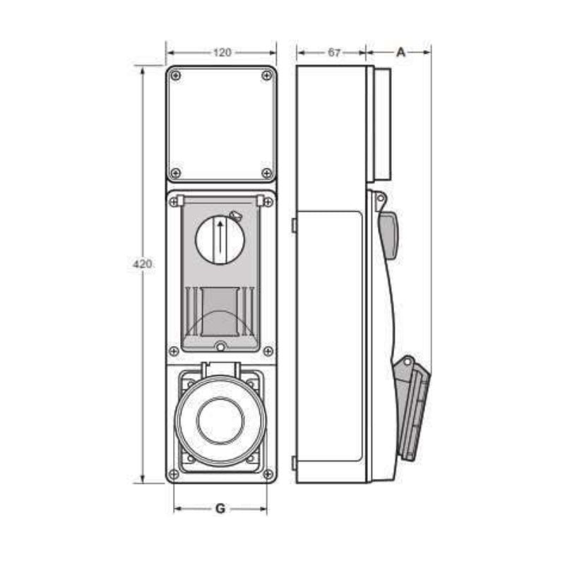 Famatel 63A 2P+E 6h 240V RCD Vertical Switched Sockets c/w 80A 30mA DP RCD IP67 Blue