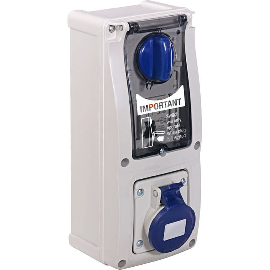 Famatel 16A 2P+E 6h 240V RCD Vertical Switched Sockets c/w 25A 30mA DP RCD IP44 Blue