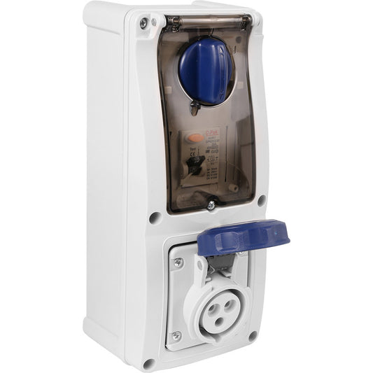 Famatel 16A 2P+E 6h 240V RCD Vertical Switched Sockets c/w 25A 30mA DP RCD IP67 Blue