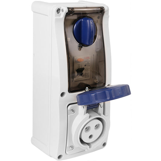 Famatel 32A 2P+E 6h 240V RCD Vertical Switched Sockets c/w 40A 30mA DP RCD IP67 Blue