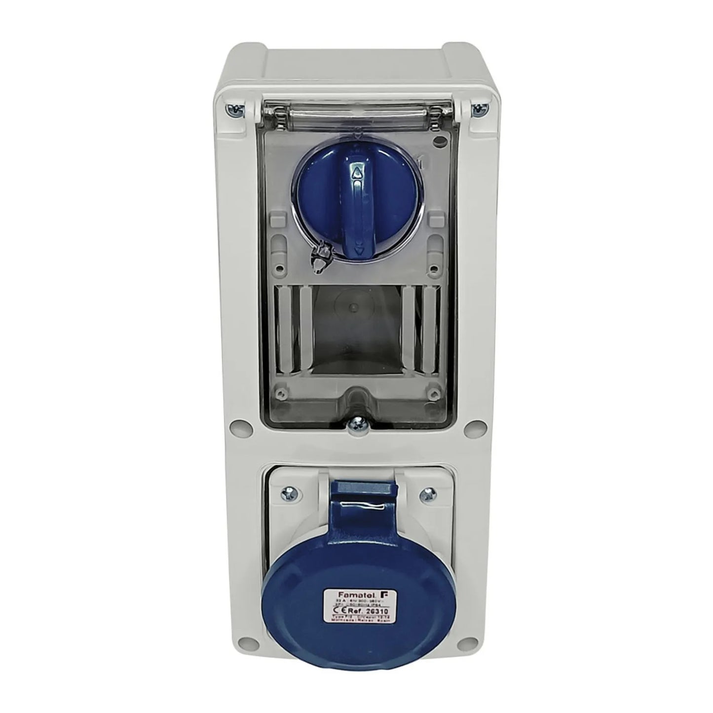 Famatel 32A 2P+E 6h 240V Vertical Switched Sockets IP44 Blue