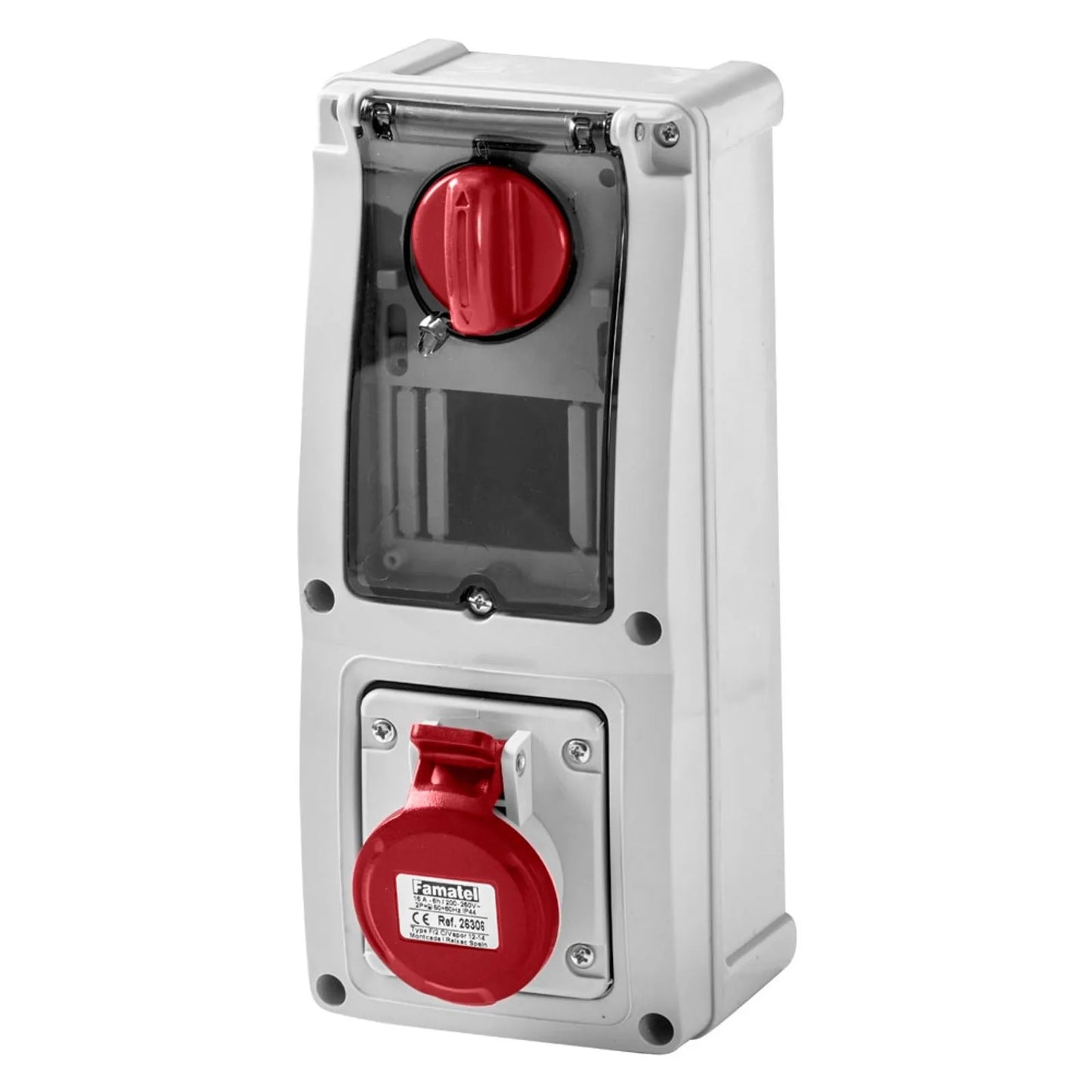Famatel 16A 3P+E 6h 415V Vertical Switched Sockets IP44 Red