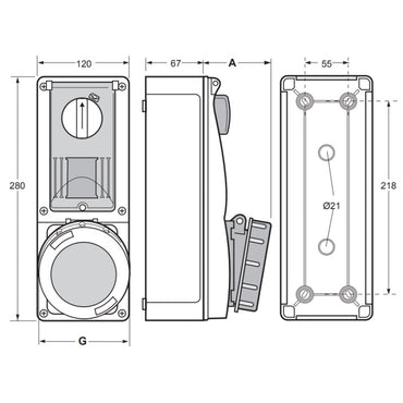 Famatel 16A 3P+E 6h 415V RCD Vertical Switched Sockets c/w 25A 30mA 4P RCD IP67 Red