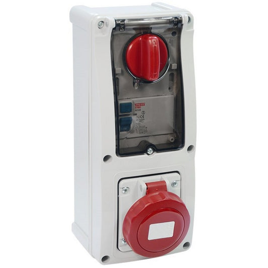 Famatel 16A 3P+E 6h 415V RCD Vertical Switched Sockets c/w 25A 30mA 4P RCD IP67 Red
