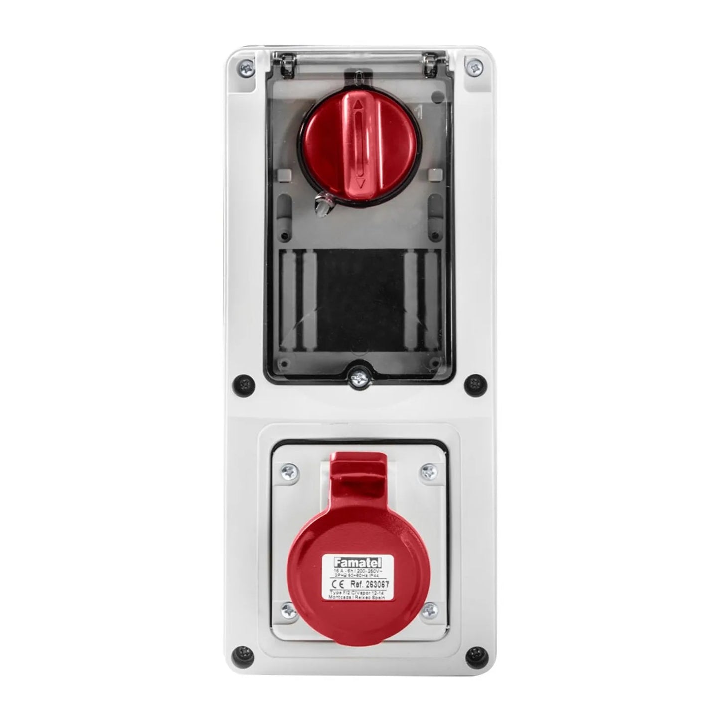 Famatel 16A 3P+N+E 6h 415V Vertical Switched Sockets IP44 Red