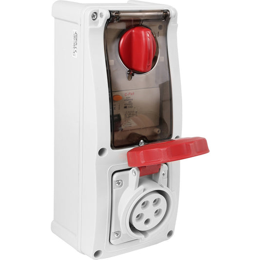 Famatel 16A 3P+N+E 6h 415V RCD Vertical Switched Sockets c/w 25A 30mA 4P RCD IP67 Red