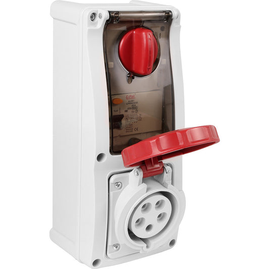 Famatel 32A 3P+N+E 6h 415V RCD Vertical Switched Sockets c/w 40A 30mA 4P RCD IP67 Red