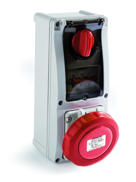 Famatel 63A 3P+E 6h 415V Vertical Switched Sockets IP67 Red