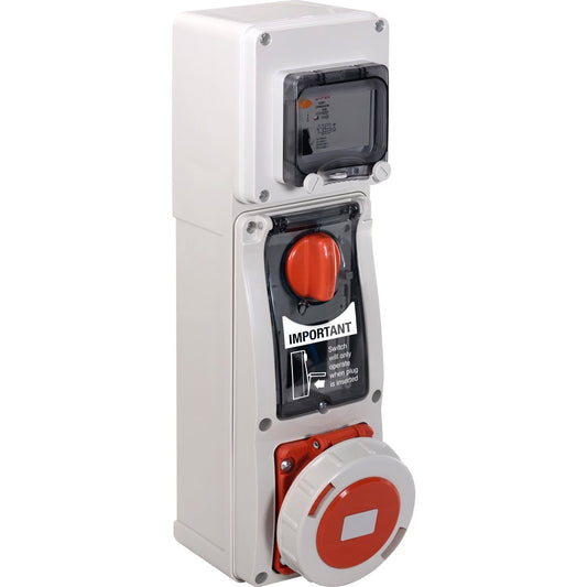 Famatel 63A 3P+E 6h 415V RCD Vertical Switched Sockets c/w 80A 30mA 4P RCD IP67 Red