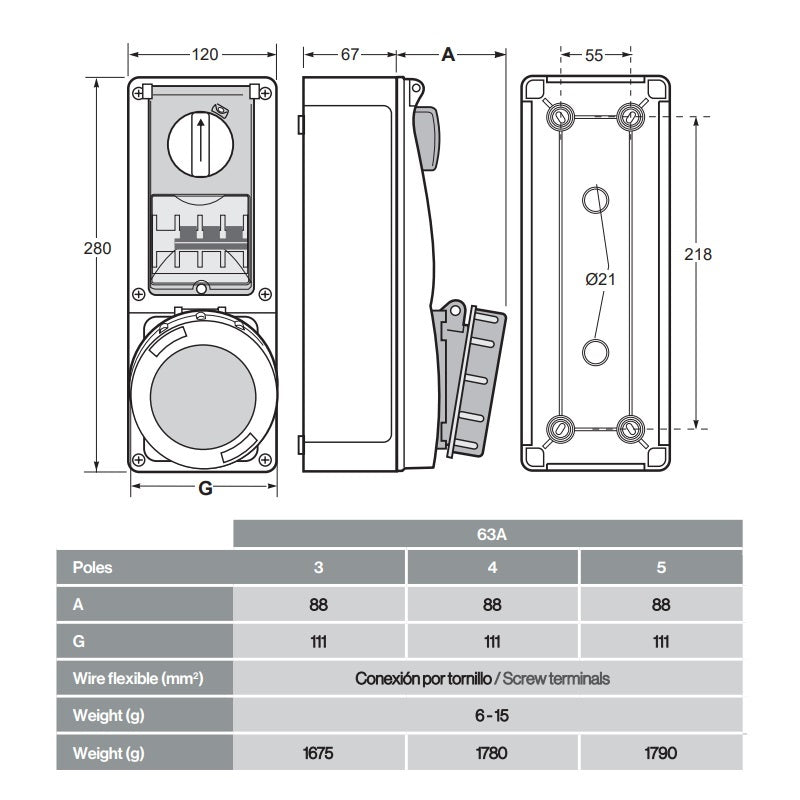 Famatel 63A 3P+N+E 6h 415V Vertical Switched Sockets IP67 Red