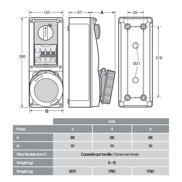 Famatel 63A 3P+N+E 6h 415V Vertical Switched Sockets IP67 Red