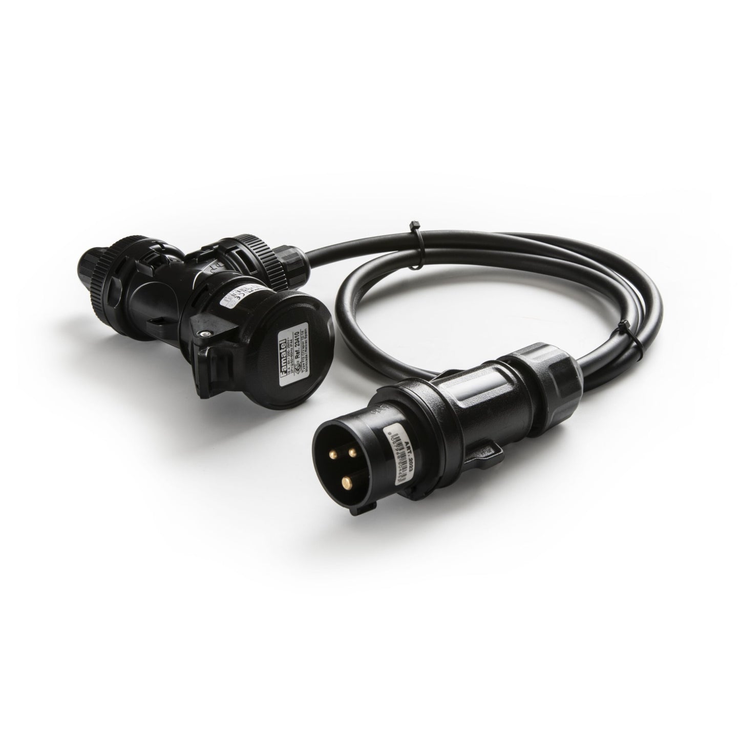 Famatel T-Power 1 x 16A 2P+E 6h 240V Plug c/w 1m cable to 1 x 16A 2P+E 6h Coupler c/w 1 Gland IP65 Black