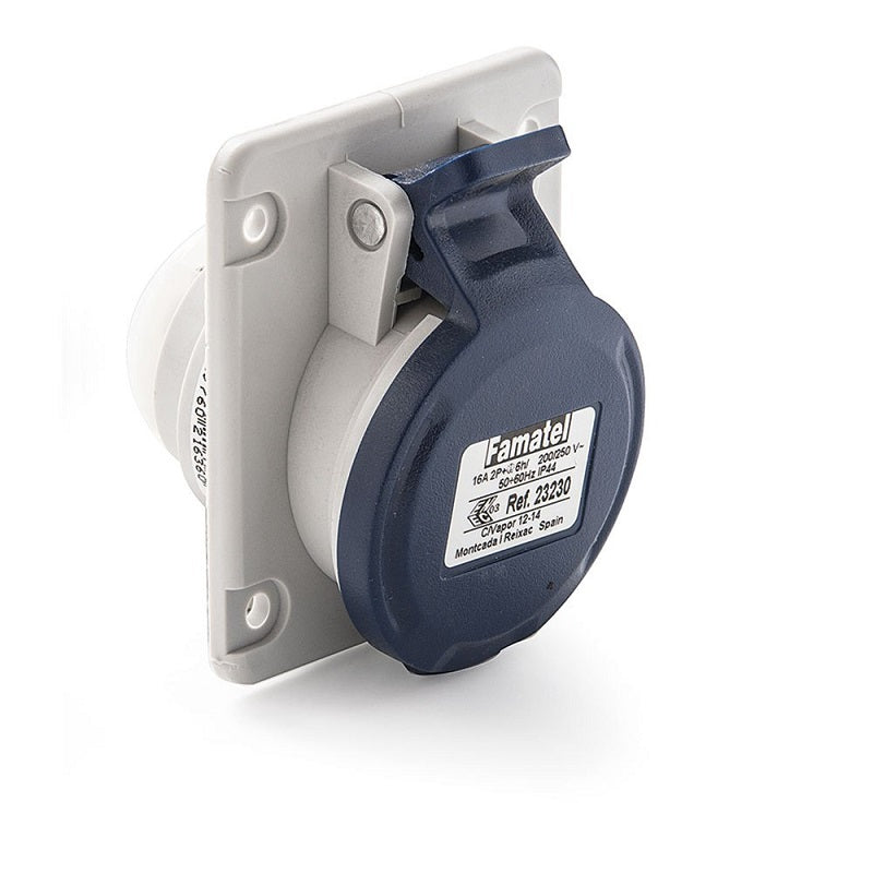 Famatel 16A 2P+E 4h 240V Angled Panel Socket IP44 Blue