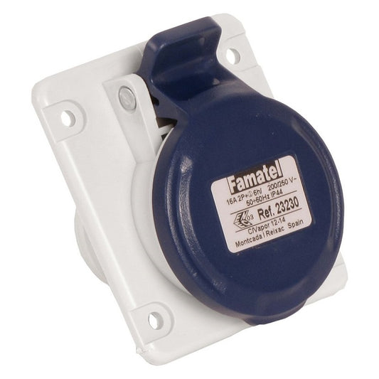 Famatel 32A 2P+E 6h 240V Angled Panel Socket IP44 Blue