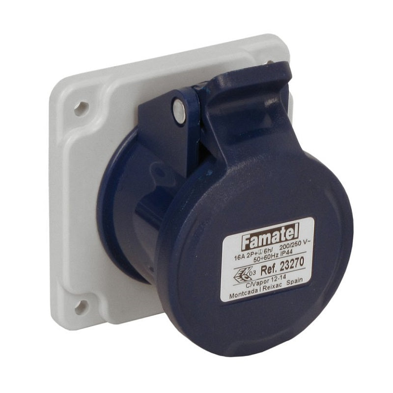 Famatel 16A 2P+E 6h 240V Straight Panel Socket IP44 Blue