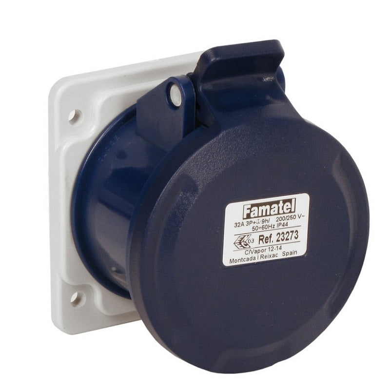Famatel 32A 2P+E 6h 240V Straight Panel Socket IP44 Blue