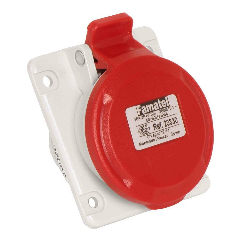 Famatel 16A 3P+E 6h 415V Angled Panel Socket IP44 Red
