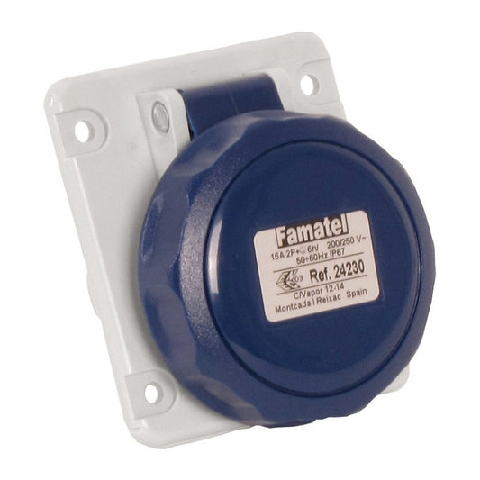 Famatel 32A 2P+E 6h 240V Angled Panel Socket IP67 Blue