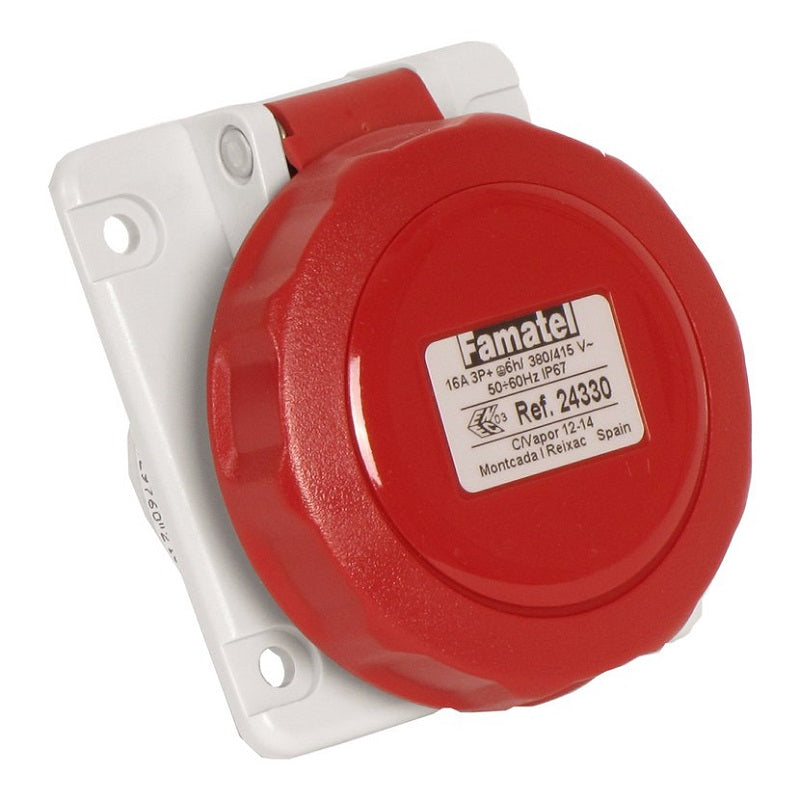 Famatel 16A 3P+E 6h 415V Angled Panel Socket IP67 Red