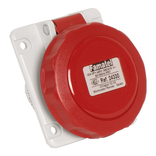 Famatel 16A 3P+E 6h 415V Angled Panel Socket IP67 Red