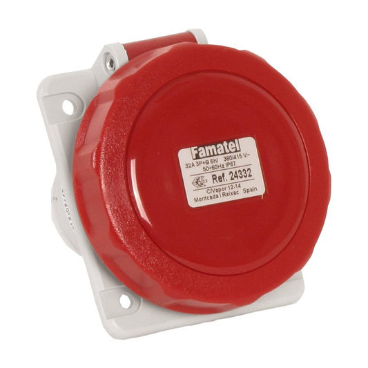 Famatel 32A 3P+E 6h 415V Angled Panel Socket IP67 Red
