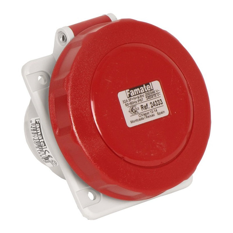 Famatel 32A 3P+N+E 6h 415V Angled Panel Socket IP67 Red