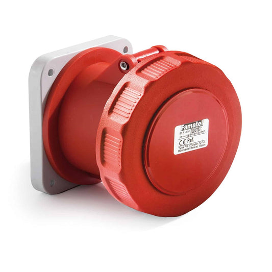 Famatel 63A 3P+E 6h 415V Straight Panel Socket IP67 Red