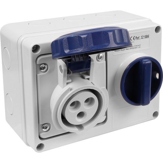 Famatel 16A 2P+E 6h 240V Horizontal Switched Sockets IP67 Blue