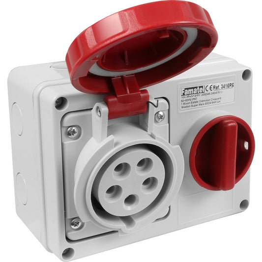 Famatel 32A 3P+E 6h 415V Horizontal Switched Sockets IP67 Red