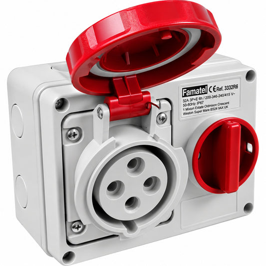 Famatel 32A 3P+E 6h 415V Horizontal Switched Sockets IP67 Red