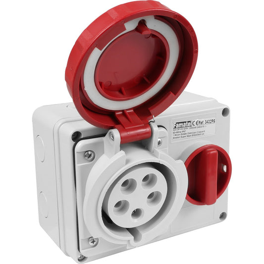 Famatel 32A 3P+N+E 6h 415V Horizontal Switched Sockets IP67 Red