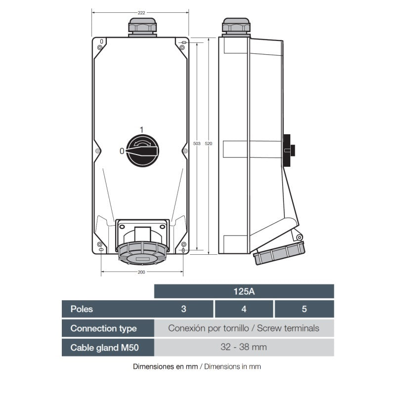 Famatel 125A 2P+E 6h 240V Vertical Switched Sockets IP67 Blue