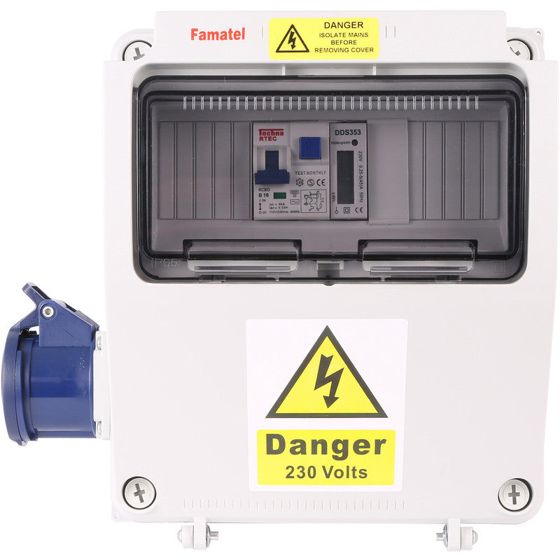 Famatel 17th Edition Caravan Hook Up 1 x 16A 2P+E Socket 1 x 16A RCBO DP 30mA 1 x MID Approved Meter