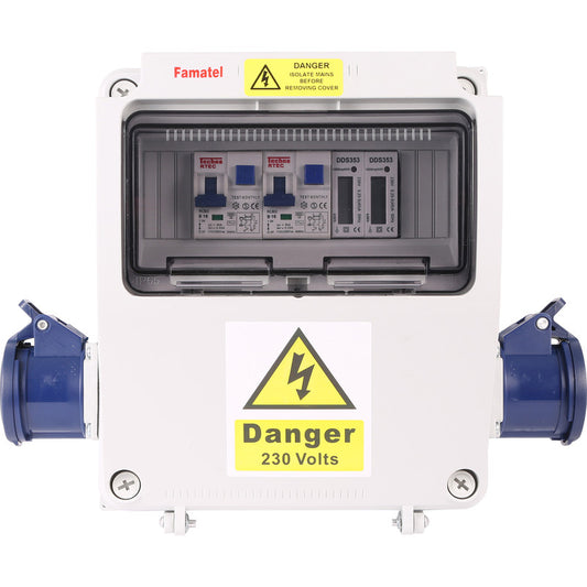 Famatel 17th Edition Caravan Hook Up 2 x 16A 2P+E Socket 2 x 10A RCBO DP 30mA 2 x MID Approved Meter