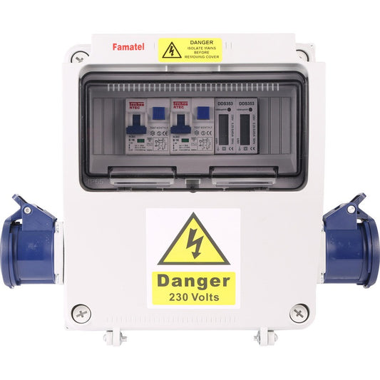 Famatel 17th Edition Caravan Hook Up 2 x 16A 2P+E Socket 2 x 16A RCBO DP 30mA 2 x MID Approved Meter