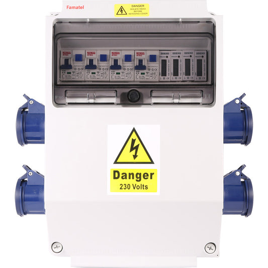 Famatel 17th Edition Caravan Hook Up 4 x 16A 2P+E Socket 4 x 10A RCBO DP 30mA 4 x MID Approved Meter