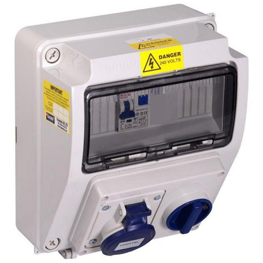 Famatel Compact 18th Edition Caravan Hook Up 1 x 16A 2P+E Switched Interlocked Outlet c/w 1 x 10A DP 30mA RCBO