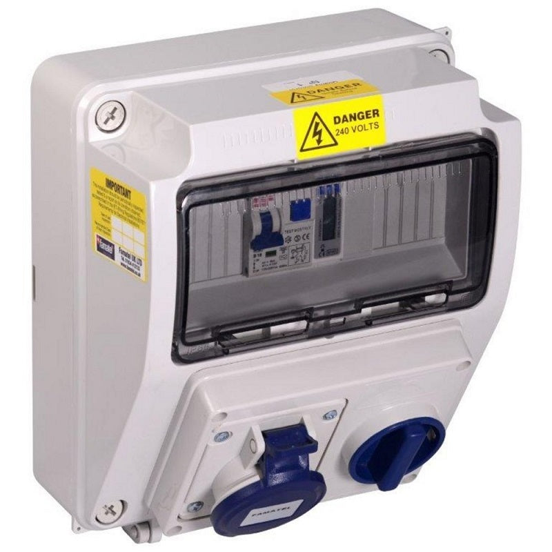 Famatel Compact 18th Edition Caravan Hook Up 1 x 16A 2P+E Switched Interlocked Outlet c/w 1 x 16A DP 30mA RCBO 1 x MID Approved Meter