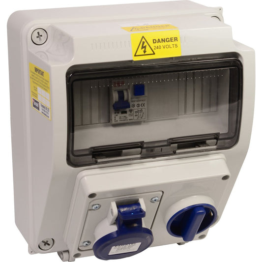 Famatel Compact 18th Edition Caravan Hook Up 1 x 16A 2P+E Switched Interlocked Outlet c/w 1 x 16A DP 30mA RCBO