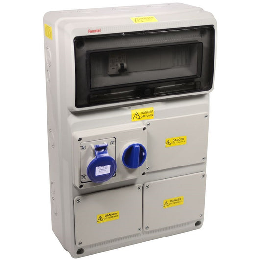 Famatel 18th Edition Caravan Hook Up 1 x 16A 2P+E Switched Interlocked Outlet c/w 1 x 16A DP 30mA RCBO 1 x MID Approved Meter