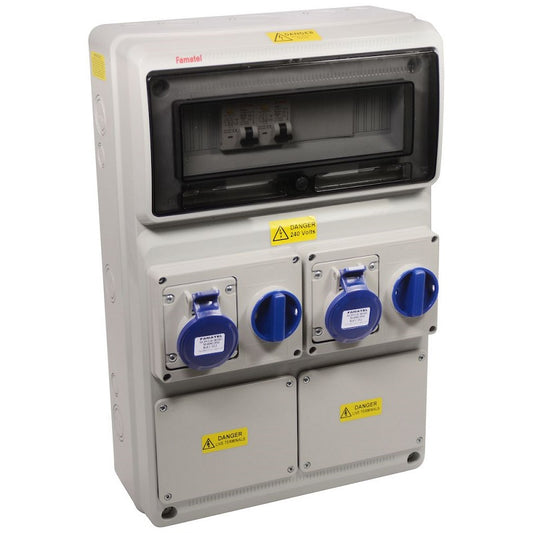 Famatel 18th Edition Caravan Hook Up 2 x 16A 2P+E Switched Interlocked Outlet c/w 2 x 10A DP 30mA RCBO 2 x MID Approved Meter