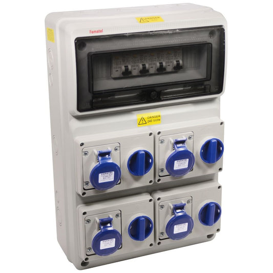 Famatel 18th Edition Caravan Hook Up 4 x 16A 2P+E Switched Interlocked Outlet c/w 4 x 16A DP 30mA RCBO